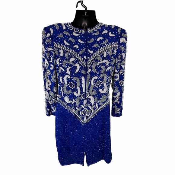 Vintage Silk Cocktail Dress Blue Sequin Beaded Avant Garde - Scala Size Med/Lrg - Picture 3 of 16